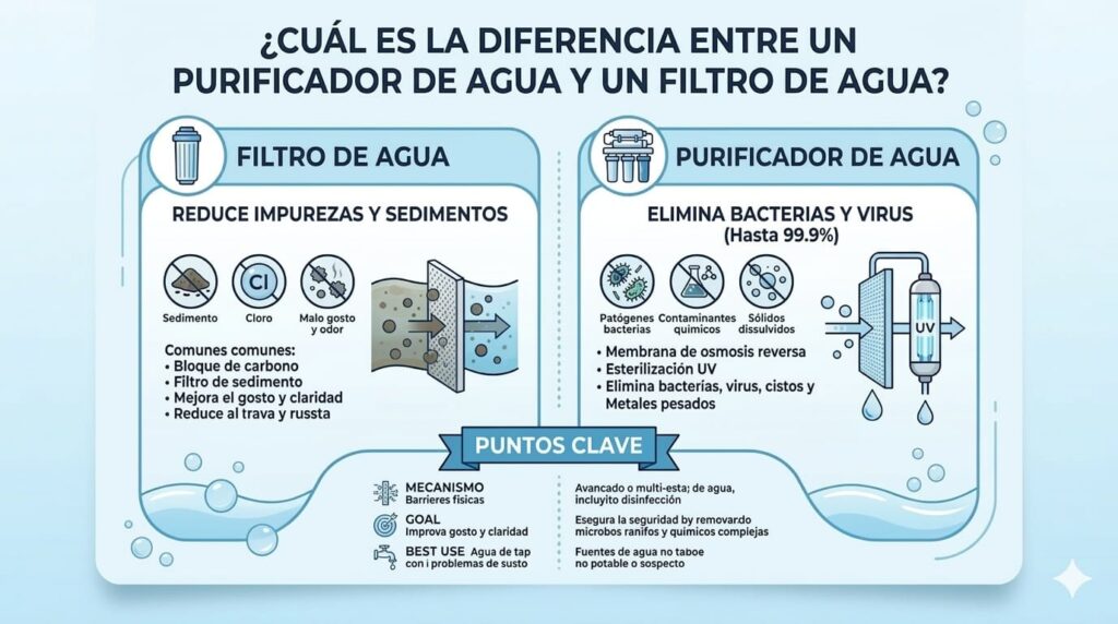 ¿Cuál es la diferencia entre un purificador de agua y un filtro de agua?